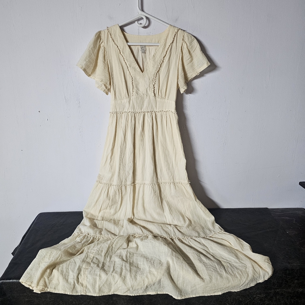 LOFT Beach size XS Tiered Long Dress Cream -- Smock Back, 100% Cotton Lined